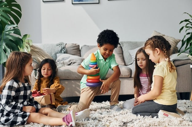 A group of diverse children playing together in a brightly colored room filled with donated toys. They are laughing and engaging with various toys, showcasing the impact of toy donations.