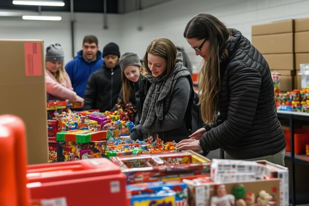 Volunteers at a local Salvation Army center are shown sorting through a large collection of donated toys, preparing them for distribution. The scene is organized and reflects the spirit of giving.