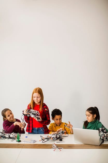 A group of diverse children joyfully playing with an interactive robotics kit, showcasing lights, sensors, and programmable components, emphasizing the engagement and educational value of such a STEM toy.