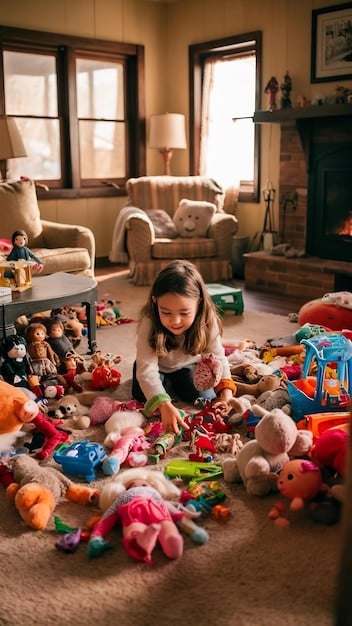 A family sorting through a large pile of toys in their living room, deciding which ones to donate to a seasonal toy trade-in program. The room is bright and cheerful, with visible excitement on the children's faces.