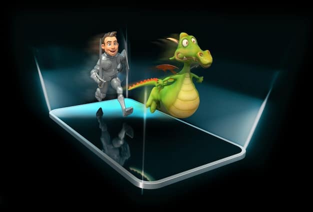 An augmented reality toy being displayed on a smartphone screen, with the physical toy visible in the foreground. The AR display shows additional interactive elements and animations overlaid on the real-world image.