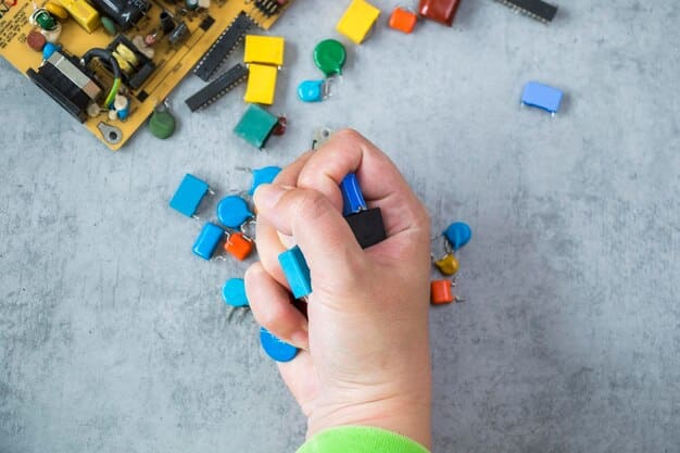 A close-up shot of a child's hands building a circuit board with snap-together electronic components from a STEM toy kit on a desk.