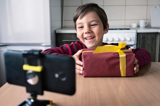 A screen capture of a popular YouTube unboxing video featuring a child excitedly opening a large toy set, surrounded by their family. The video should have a clear view count and positive comments visible.