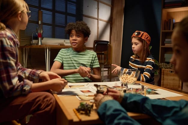 A group of children sitting around a table, engrossed in playing a classic board game like Monopoly or Scrabble. Capture their expressions of concentration, excitement, and collaboration, highlighting the social and interactive benefits of playing classic board games.