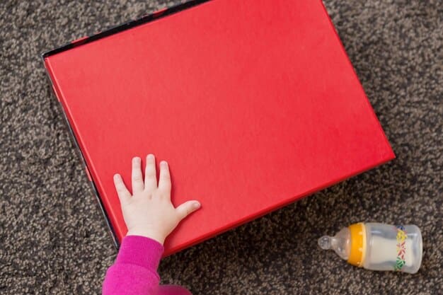 A close-up shot of a child's hands excitedly opening a toy subscription box. The box is filled with colorful and engaging educational toys, such as building blocks, puzzles, and art supplies. The child's face is partially visible, showing a expression of joy and anticipation.