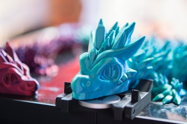 Close-up shot of a 3D printer in operation, printing a small, intricate toy figurine. The printer nozzles are visible, layering material precisely to create the form. Different colored filaments are spooled nearby, ready to be used.
