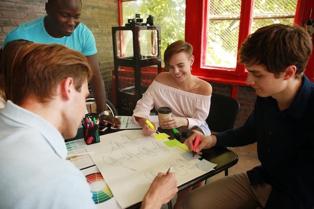 A group of toy designers and engineers collaborating around a table, reviewing sketches and prototypes of a new connected toy. The scene captures the creative process, with laptops, 3D printers, and various design tools visible, showing the integration of technology and design in modern toy development.
