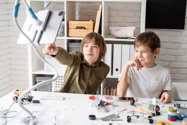 A split-screen image. On one side, children are enthusiastically playing with interactive STEM toys and robots. On the other side, a group of parents are actively browsing through eco-friendly and sustainable toy options in a brightly lit store.