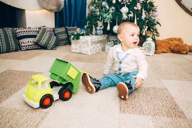 A toddler is happily playing with a wooden toy train set on a rug made of organic cotton. The room is bathed in natural light, and there are other eco-friendly toys visible in the background, such as a set of building blocks made from recycled plastic.