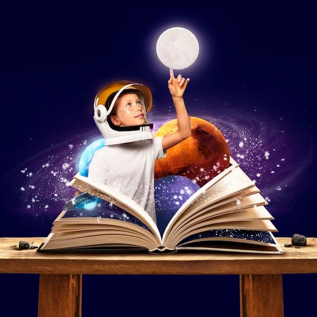 A child is holding an open storybook. Augmented reality elements from the book are floating above the pages, visible through the device's screen, including animated characters and interactive objects that the child can touch and manipulate.
