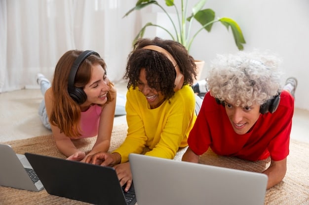 A group of diverse children sitting around a digital table, they are laughing and reaching towards the central holographic display. The holographic projection shows 3D models of historical landmarks and landscapes.