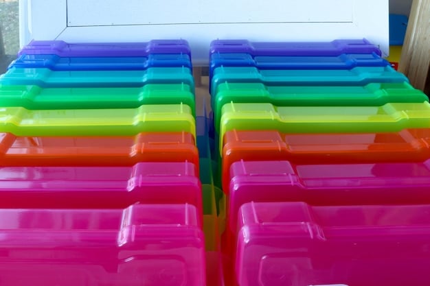 A close-up of several colorful toy storage bins, showcasing different materials like plastic, fabric, and wicker, each filled with various toys. The bins are neatly arranged on a shelf, highlighting their organizational potential.