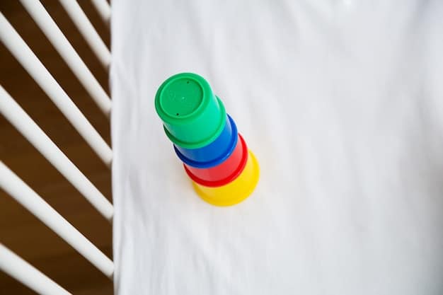 A close-up shot of age-appropriate toys designed for toddlers, including soft blocks, stacking rings, and simple puzzles. The toys are colorful, safe, and promote early learning.