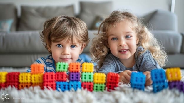 A group of toddlers playing with colorful building blocks and a small slide in a brightly lit playroom. The children are smiling and appear engaged with the toys, showcasing the benefits of age-appropriate play.