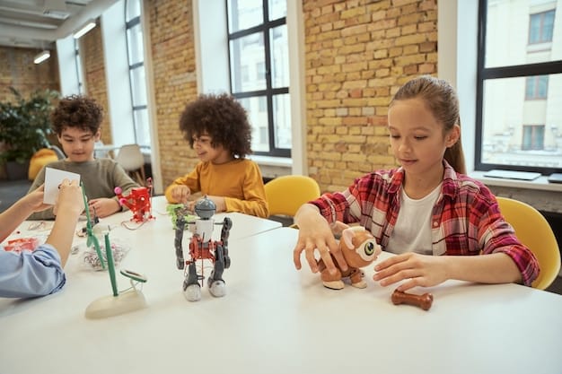 Elementary school kids working together on a large LEGO construction project. They are focused and engaged, demonstrating the collaborative and problem-solving aspects of STEM toys.