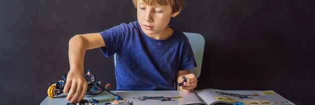 A child is focused on assembling a complex LEGO set, with the instruction booklet open beside them. The assembled parts show a detailed spaceship.
