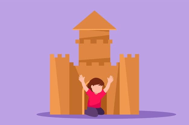 A child sitting on the floor, surrounded by various building blocks, constructing a tall tower. The child is looking up at the tower with a sense of accomplishment.