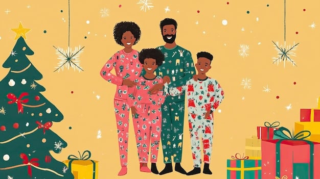 A group of diverse families wearing different styles of matching Christmas pajamas (plaid, character-themed, minimalist), smiling and posing for a group photo in front of a festive backdrop.