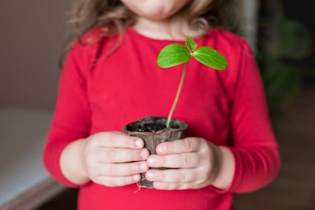 A close-up shot of a young girl's hands carefully planting a seedling in a small pot, with soil on her fingers and a focused expression on her face, bathed in natural sunlight, showcasing a gardening experience.
