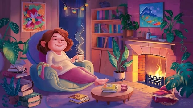 A young girl sitting comfortably in a beanbag chair in a cozy reading nook, engrossed in a picture book. Soft light illuminates the scene, highlighting the colorful illustrations in the book.