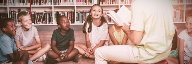 A group of diverse children sitting on a rug in a library, each reading a chapter book. The librarian is smiling and gesturing towards a bookshelf.