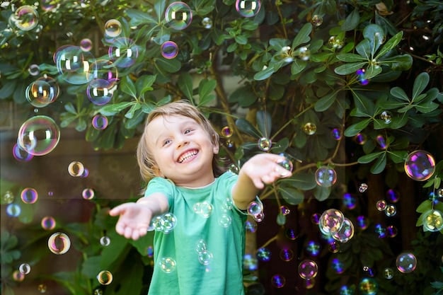 A close-up shot of a child smiling while playing with a bubble machine in a park. Bubbles are floating all around the child, creating a magical atmosphere.