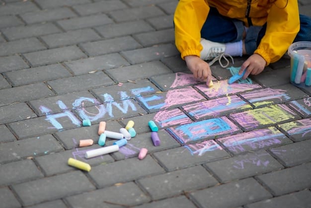 A child drawing with sidewalk chalk on a driveway, surrounded by colorful and imaginative drawings.