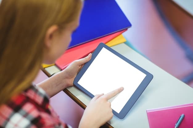 A close-up of a child's hands using a tablet with a colorful educational app open. The app appears to be teaching the child about basic math concepts through an interactive game. The background is blurred, focusing attention on the child's engagement with the tablet.
