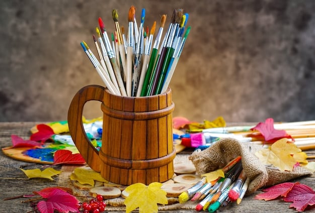 A vibrant personalized art set displayed on a table. The set includes colored pencils, markers, watercolor paints, and sketchbooks, all neatly arranged. The lid of the art box is engraved with the child's name and a playful artistic motif like paint splatters.