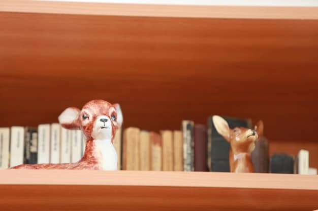 A cozy reading nook with a bookshelf filled with colorful animal-themed books. A young child is sitting comfortably, engrossed in a book about wildlife, with a soft blanket and a stuffed animal nearby.
