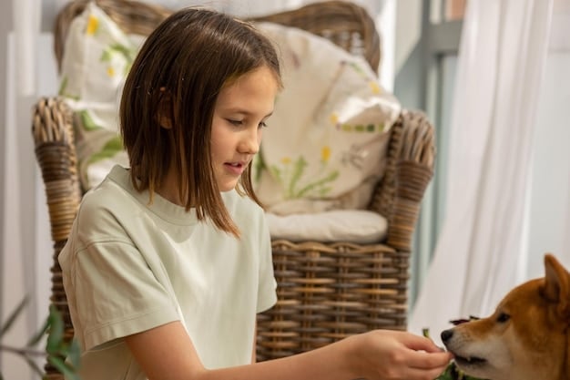 A young girl with autism gently brushing a fluffy dog in a sunlit room. The girl has a calm, focused expression, and the dog appears relaxed.