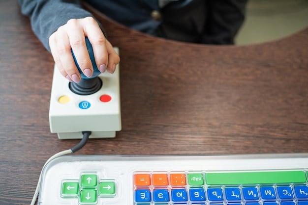 A close-up of customized adaptive gaming controllers with large, colorful buttons and adjustable supports, designed for children with motor skill challenges.