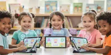 Children using AI-powered tablets for early reading education