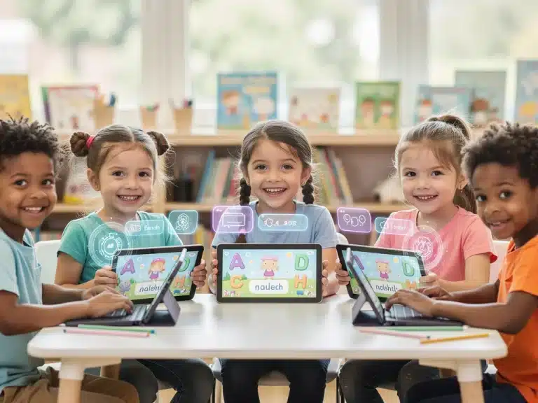 Children using AI-powered tablets for early reading education