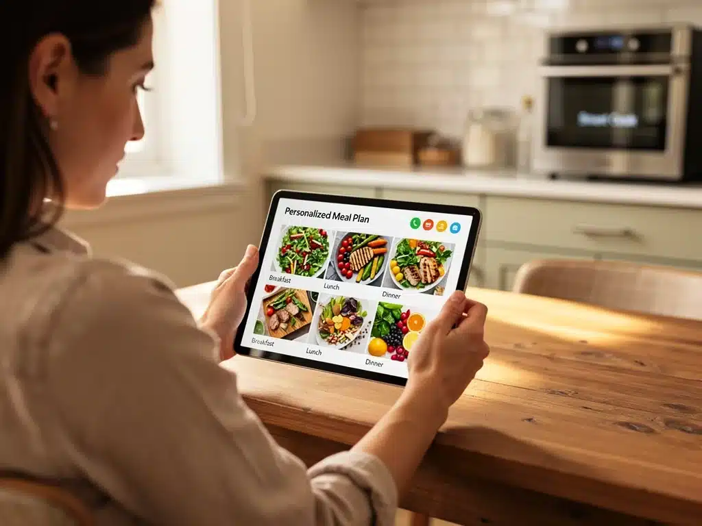 Mother reviewing AI-generated personalized meal plan on tablet