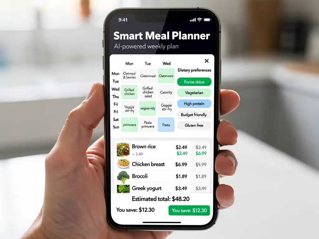 Smartphone displaying AI meal planning app with grocery list
