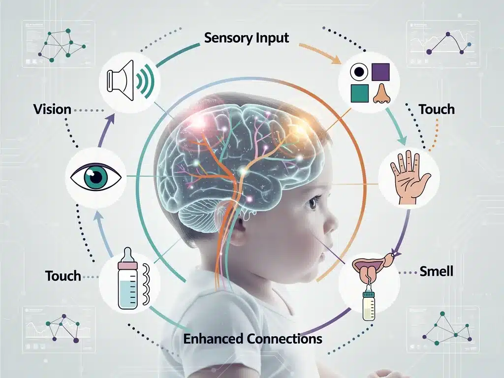 Infographic showing AI-enhanced neural stimulation for infant brain development.