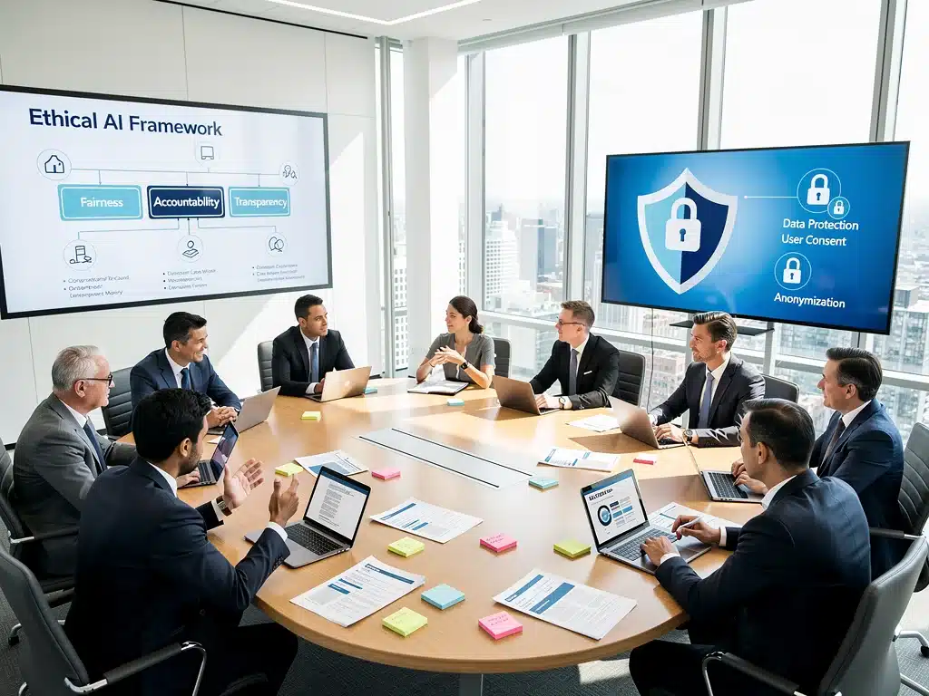 Diverse team collaborating on ethical AI policy and framework development.