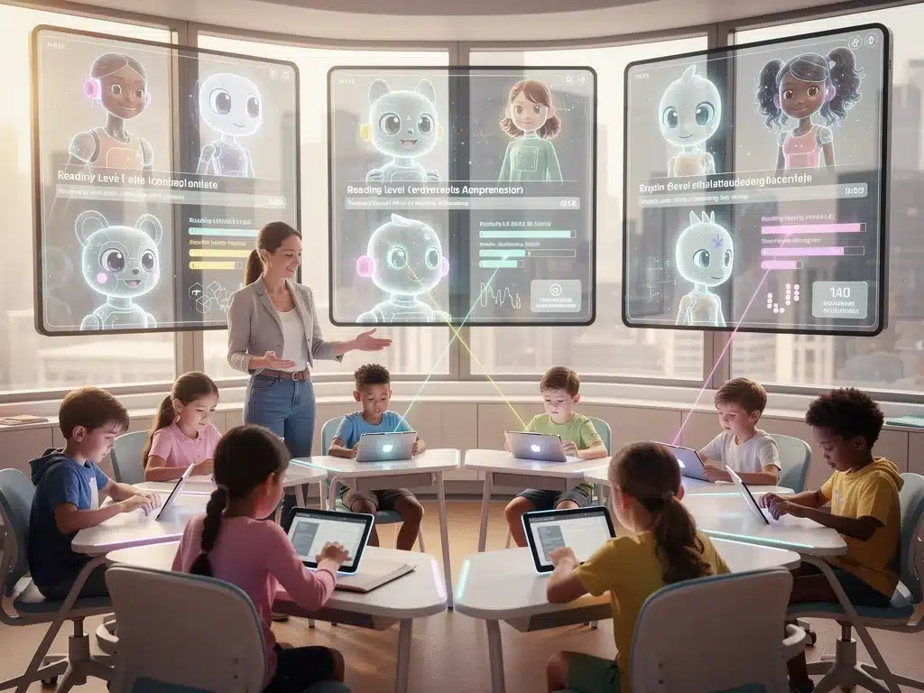 Teacher and AI assistants collaborating in a futuristic reading classroom