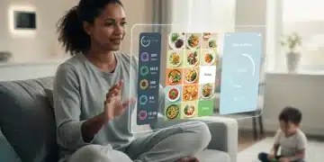 Mother engaging with personalized AI wellness tech display