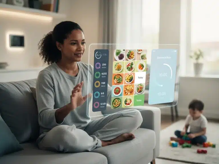 Mother engaging with personalized AI wellness tech display
