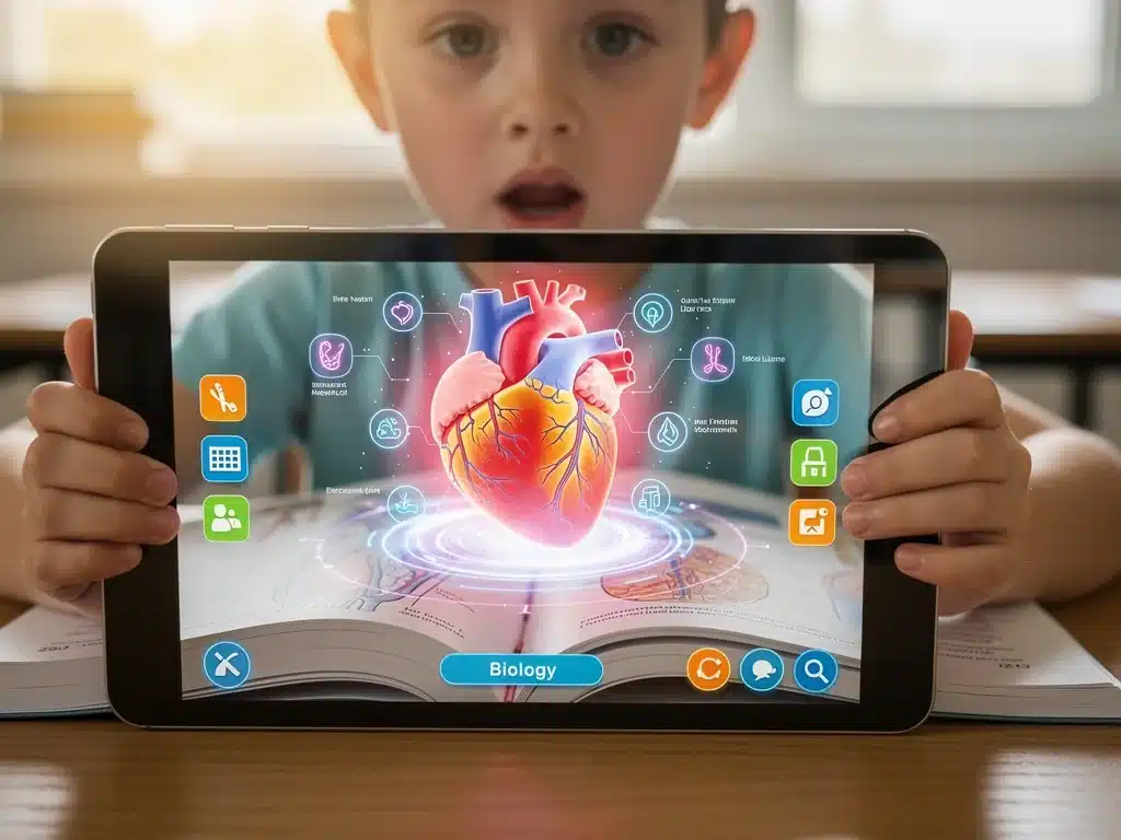 Child interacting with augmented reality anatomy model via tablet.