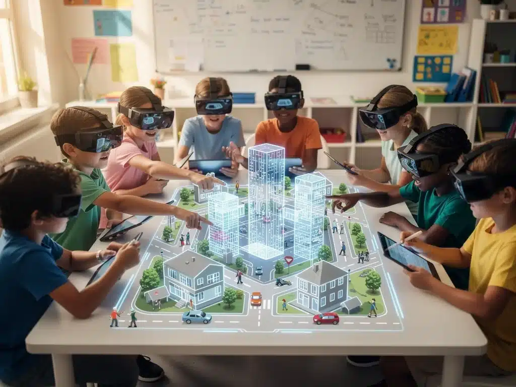 Children collaborating on an augmented reality city building project.