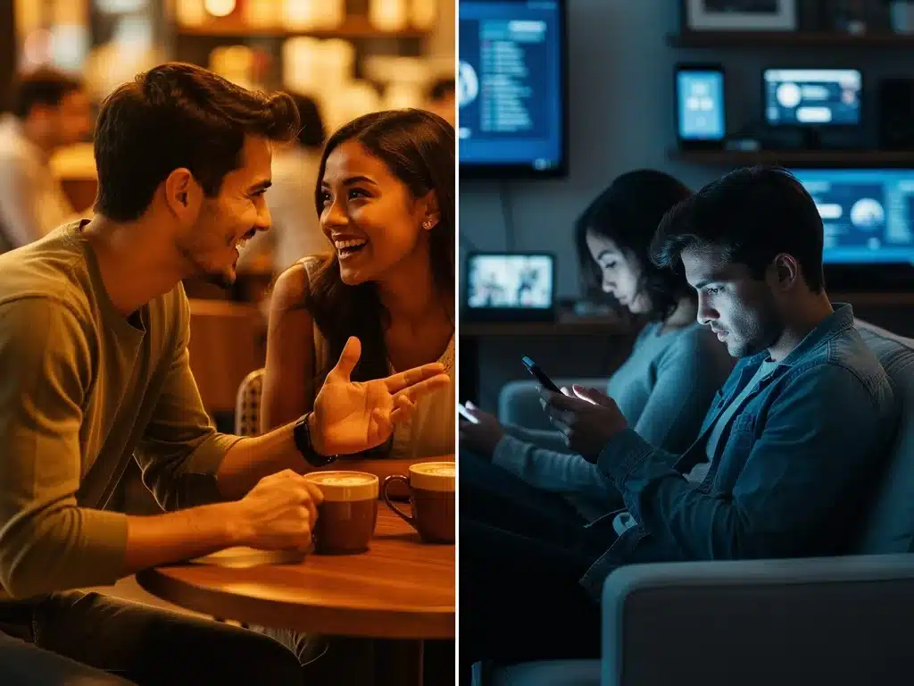 Comparison of authentic human connection versus isolated digital interaction on social media.