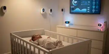 Baby sleeping soundly in a smart nursery with advanced tech devices