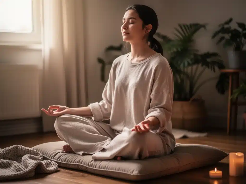 Person performing body scan meditation in a peaceful setting.