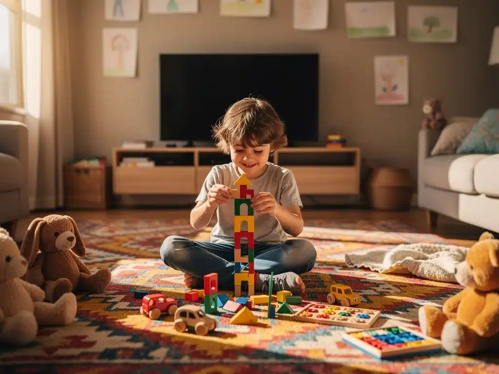 Child playing creatively with blocks, unplugged