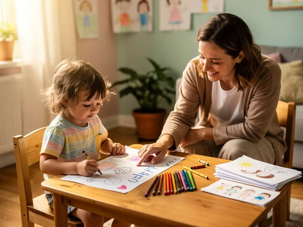 Child and parent practicing gratitude through drawing, a habit for resilience.