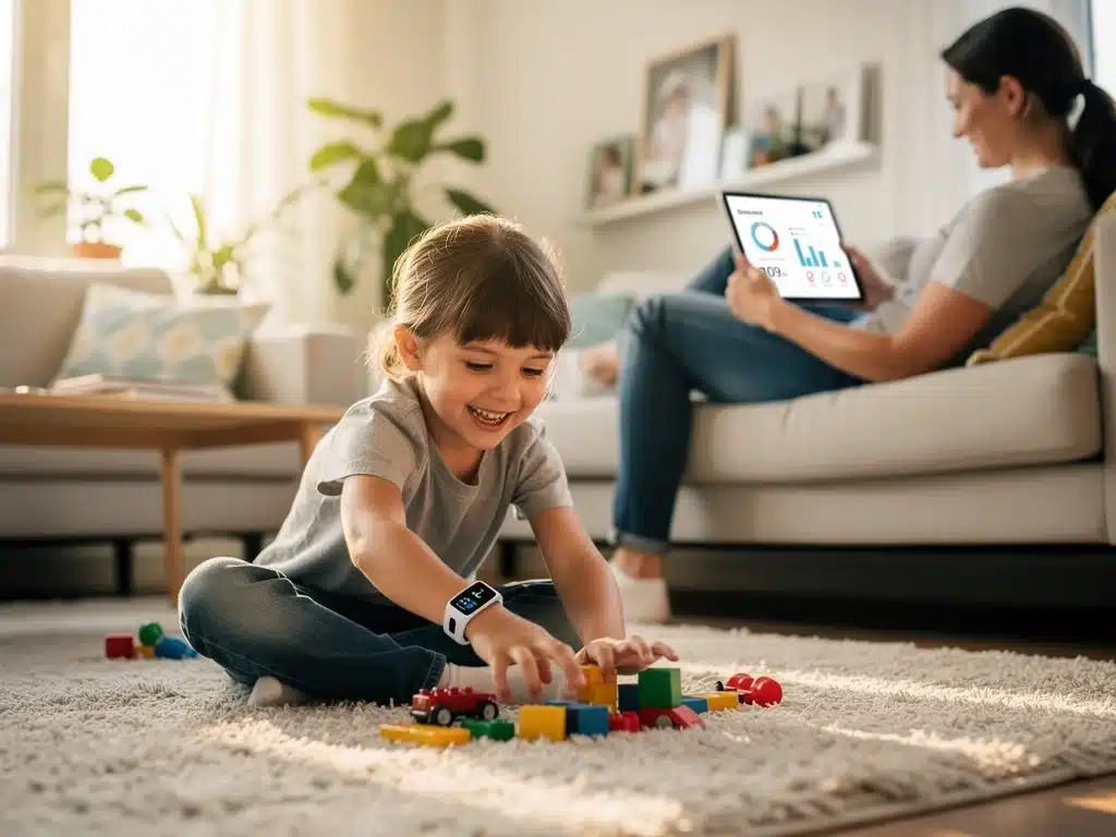 Child wearing remote monitoring wearable device at home