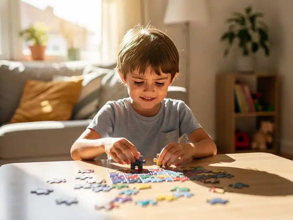 Child overcoming a challenge and showing resilience after completing a puzzle.
